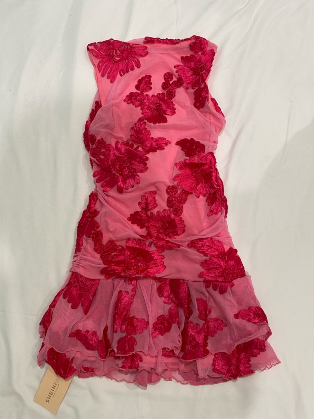 Never Been Worn Pink Mesh Mini Dress with Fuchsia Floral Appliqué NWT